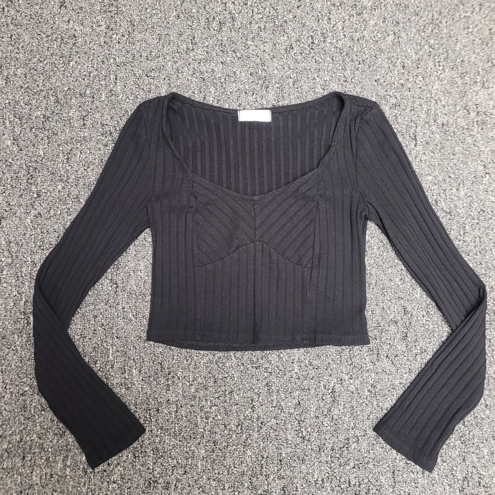 Altar'd State Black Ribbed Crop Top S Long Sleeve Balletcore Minimalist Basic